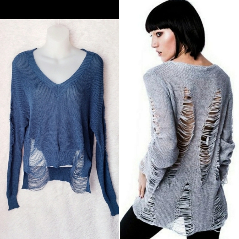 Cornflower Blue Frayed Grunge Sweater by Hendi